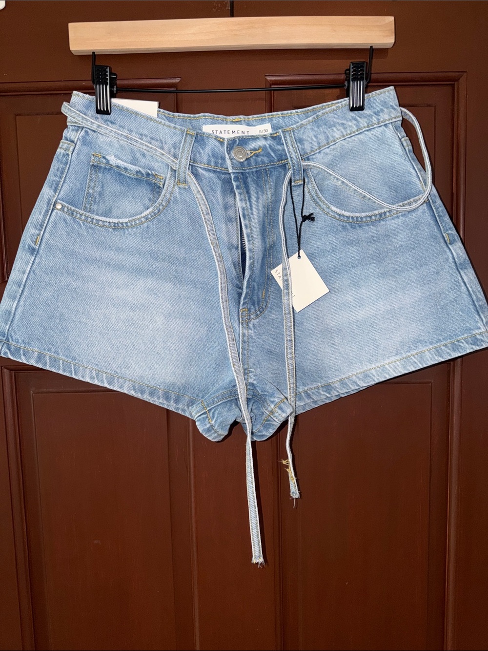 STATEMENT Light Wash High-Rise Denim Shorts with Tie